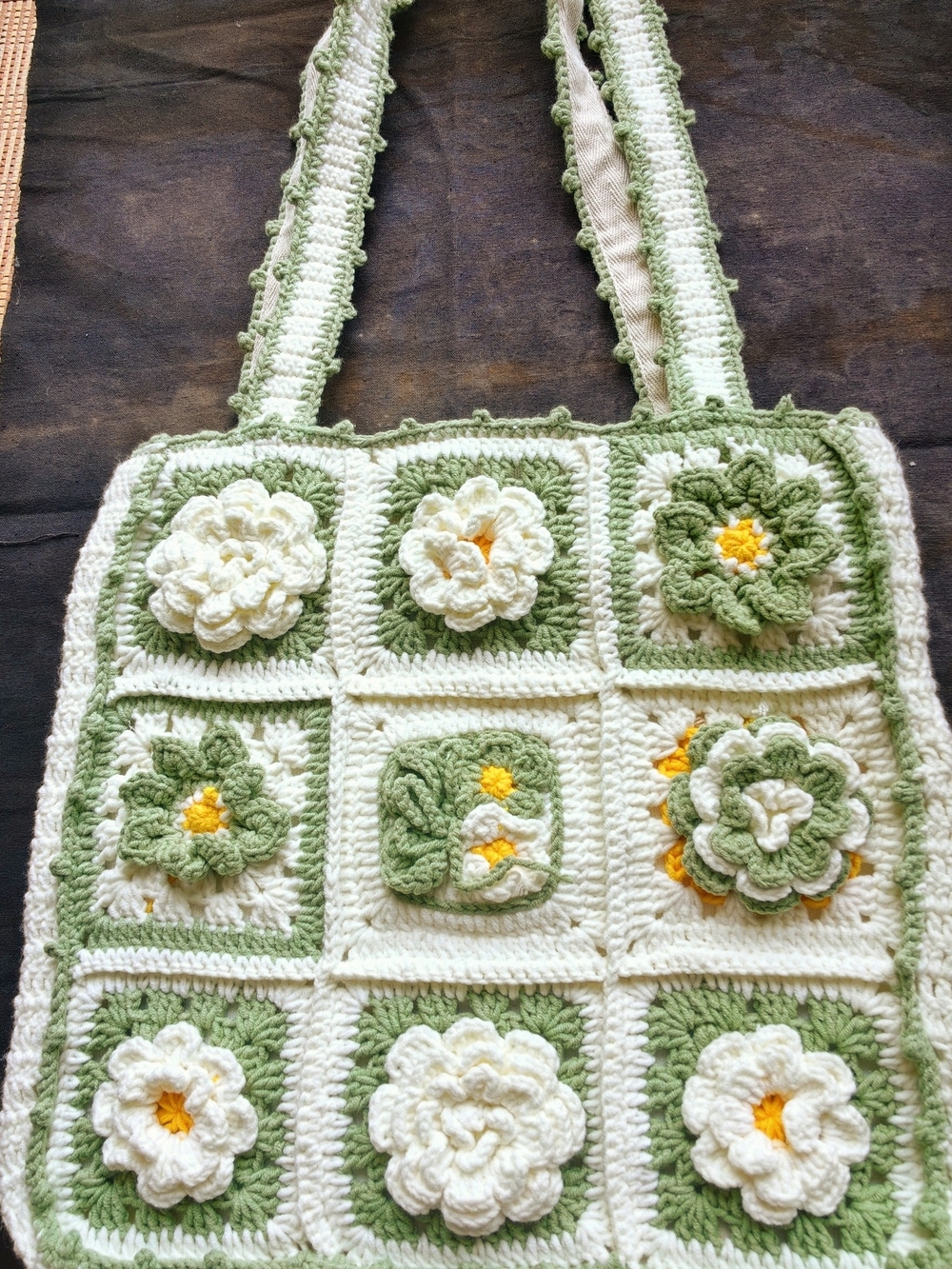 Handmade  White Canvas Bag with Mint Green Crochet Trim crochet shoulder bag - Picture 5 of 10